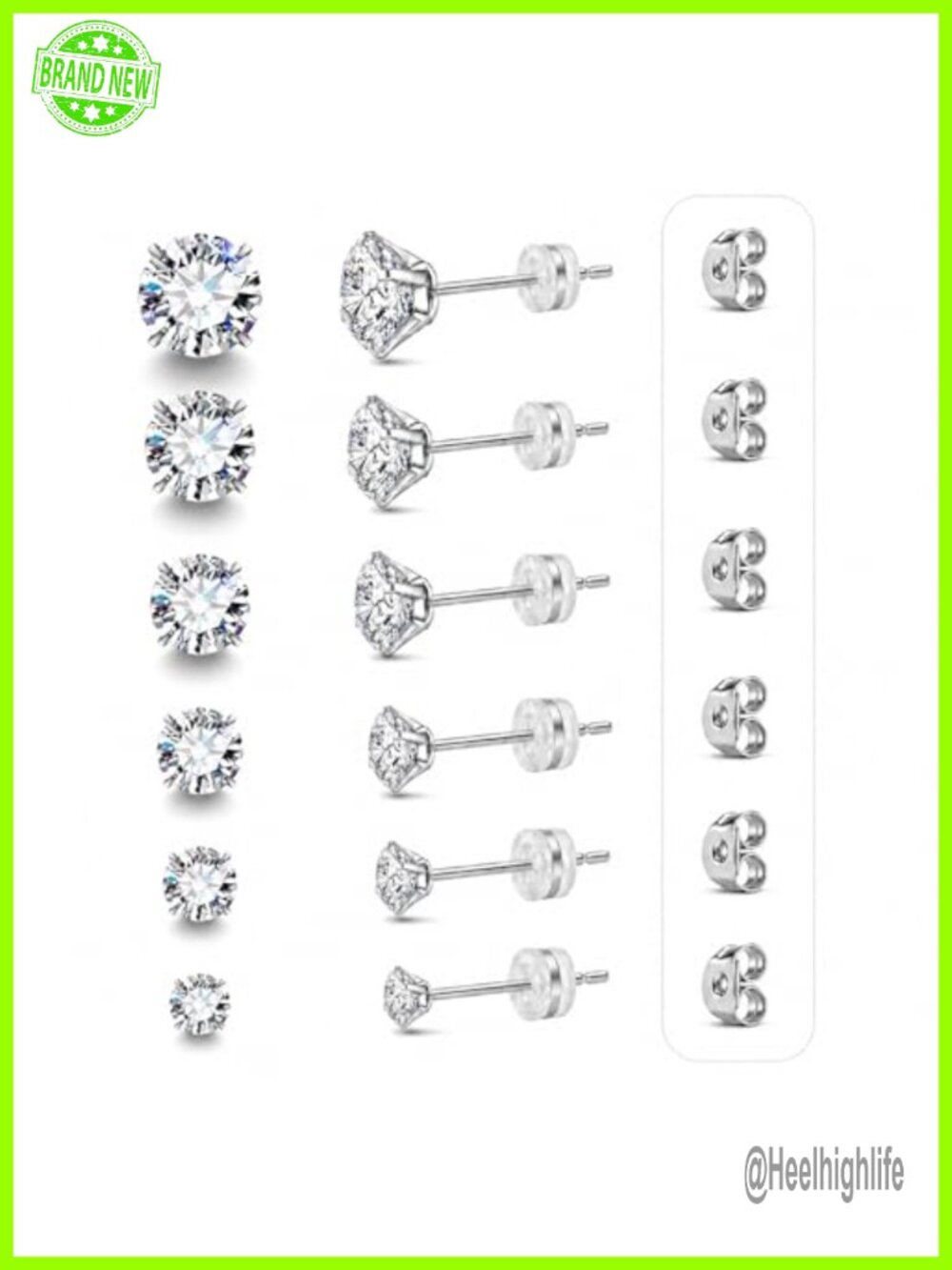 6 Pairs CZ Stud Earrings Set 316L Surgical Stainless Steel Hypoallergenic Studs